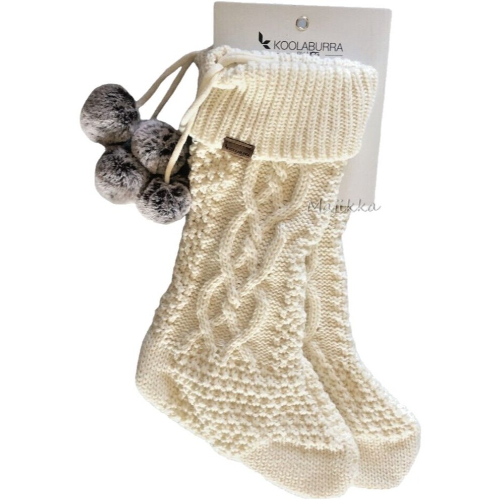 Ugg Koolaburra Christmas Stockings Set of 2 Ivory Cable Knit Fur Pom Poms Elista